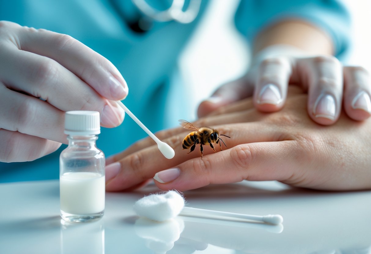 A close-up of a person's hand with a bee sting being examined by a healthcare professional wearing gloves, with antibiotic ointment and a cotton swab nearby.