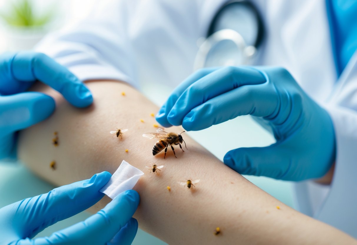 A healthcare professional examining a bee sting on a person's arm in a clinical setting.