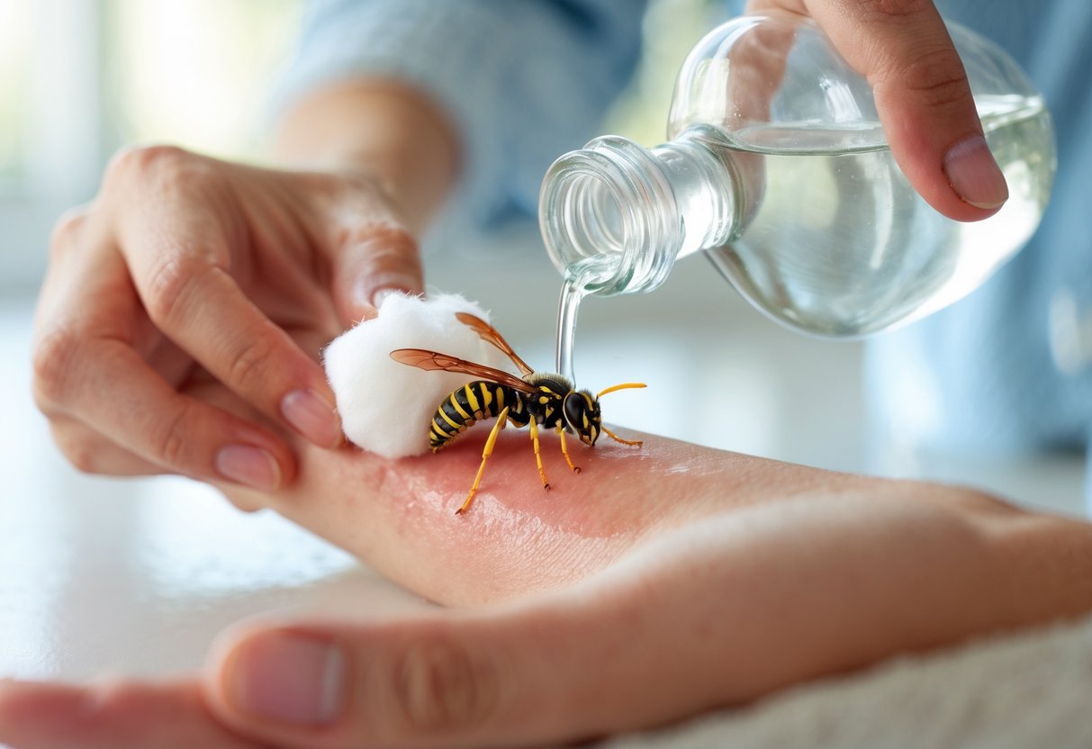 A person applying vinegar to a red wasp sting on their forearm using a cotton ball.