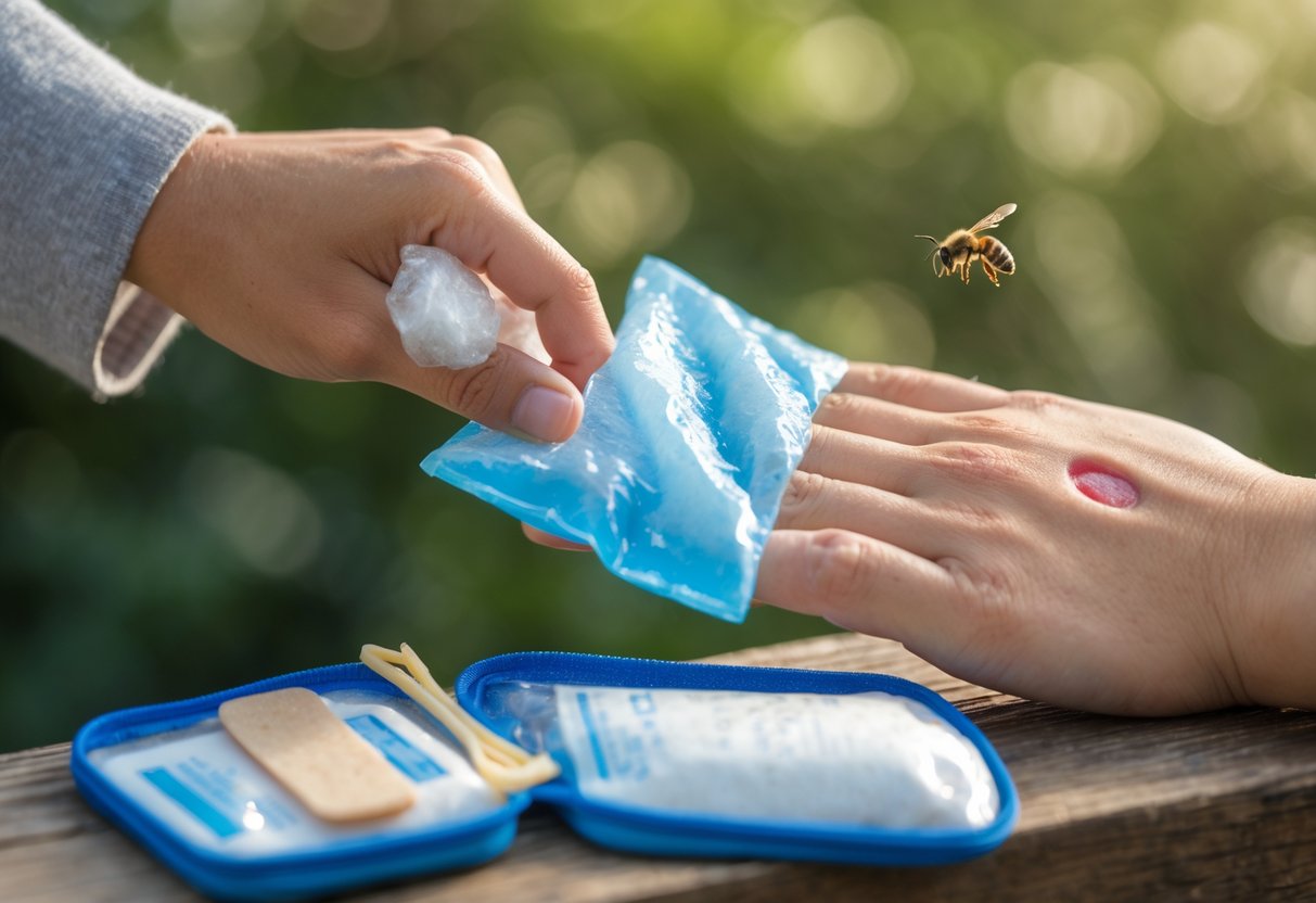 A person applying a cold compress to a red swollen bee sting on their hand outdoors with a first aid kit nearby.