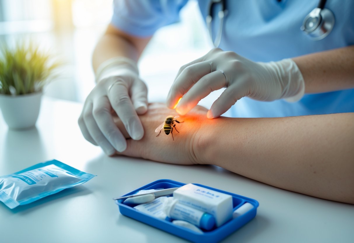 A healthcare professional treating a bee sting on a person's hand with medical supplies nearby in a clinical setting.