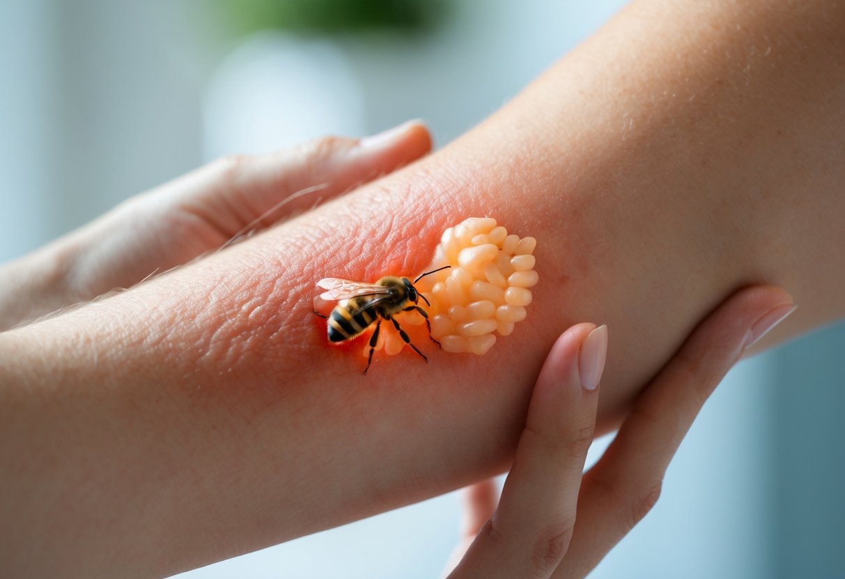 Close-up of a person's arm with redness and swelling from a bee sting, with the hand touching the affected area.