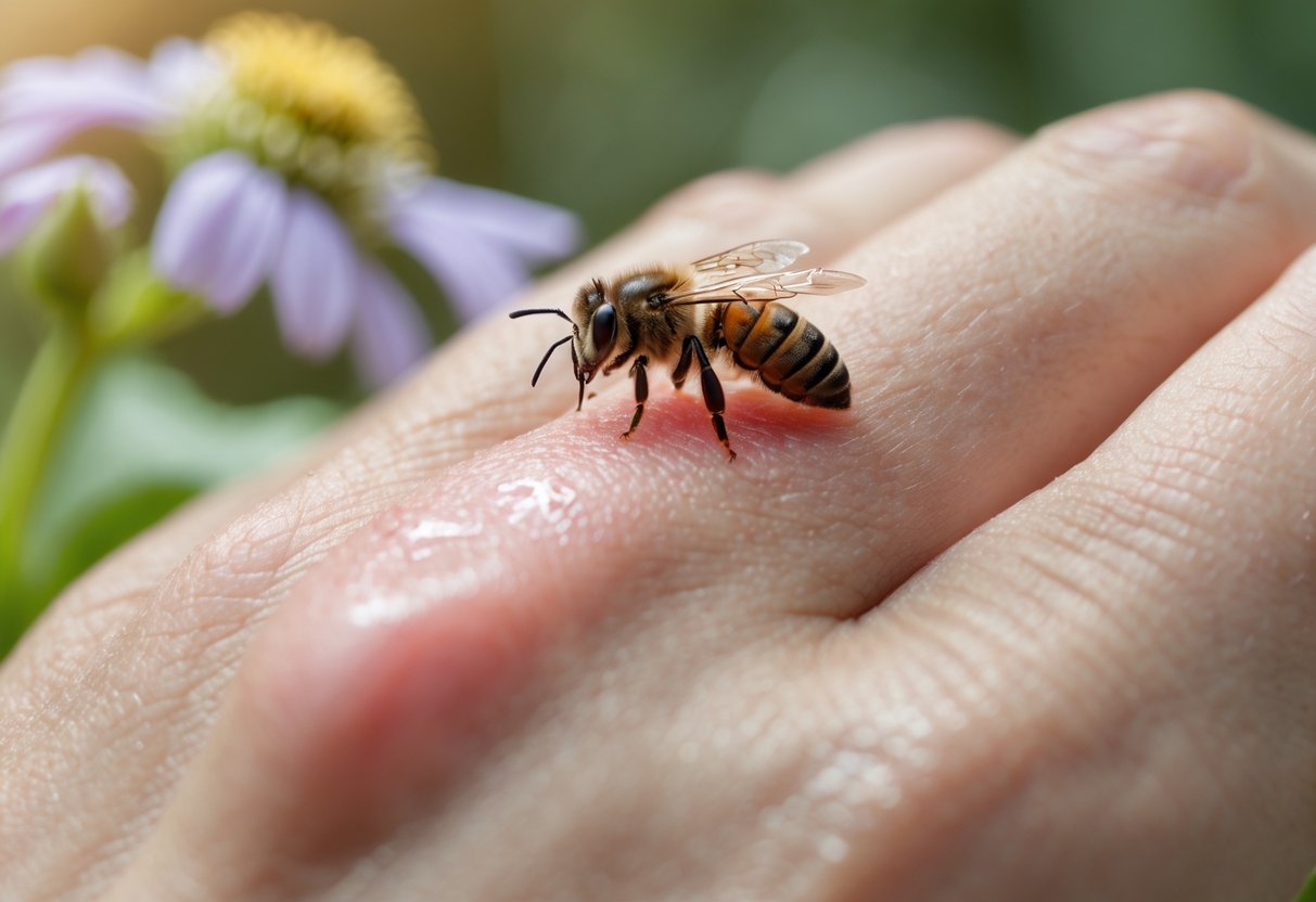 A close-up of a person's hand with a red, swollen bee sting on the skin and a bee on a flower in the background.