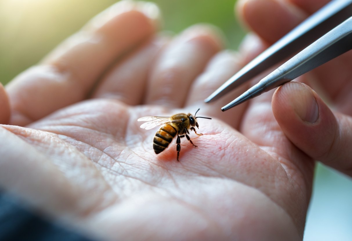 Close-up of a hand with a bee sting and tweezers about to remove the stinger.