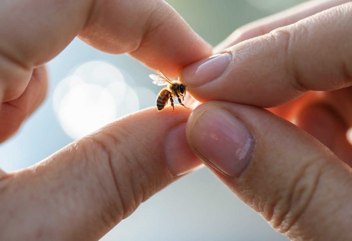 Close-up of a hand looking at a bee stinger stuck in a fingertip.