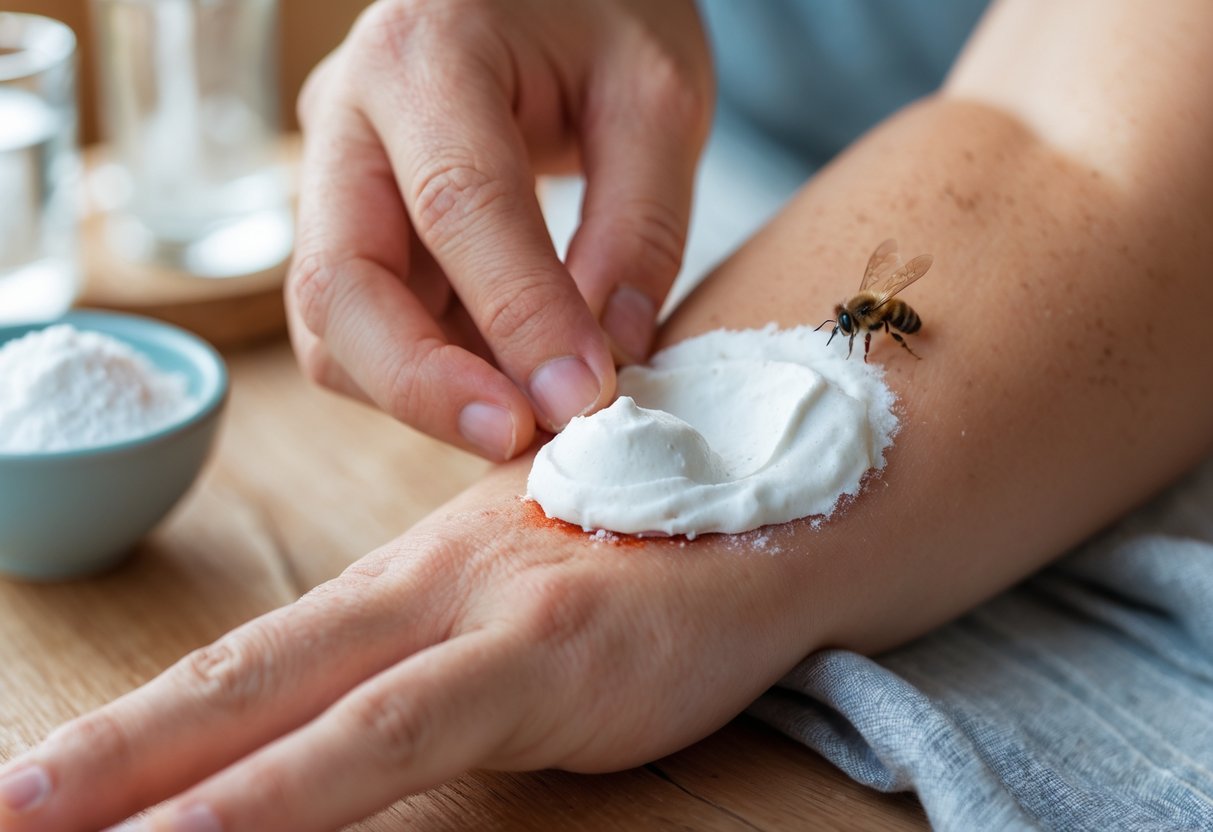 A person applying baking soda paste to a red, swollen bee sting on their forearm.
