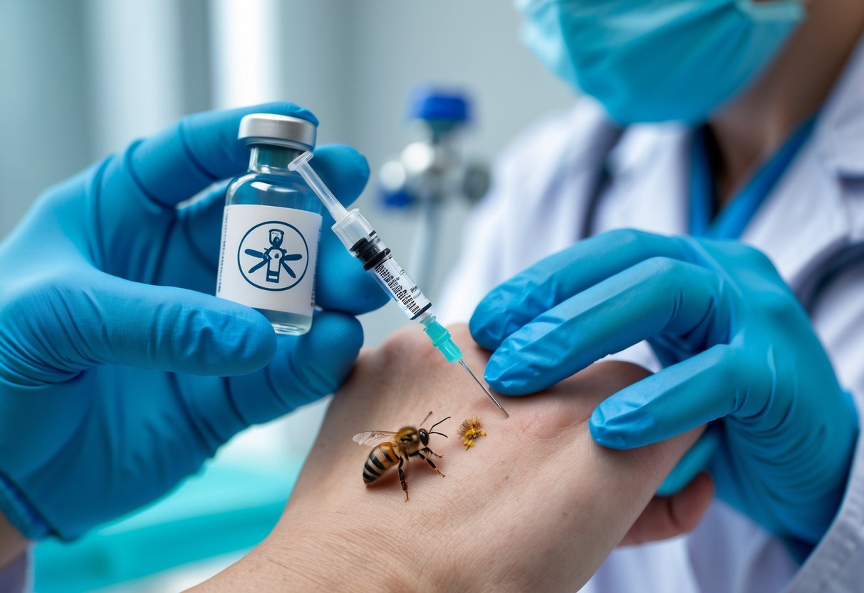 A healthcare professional preparing to give a tetanus vaccine to a person with a bee sting on their hand.