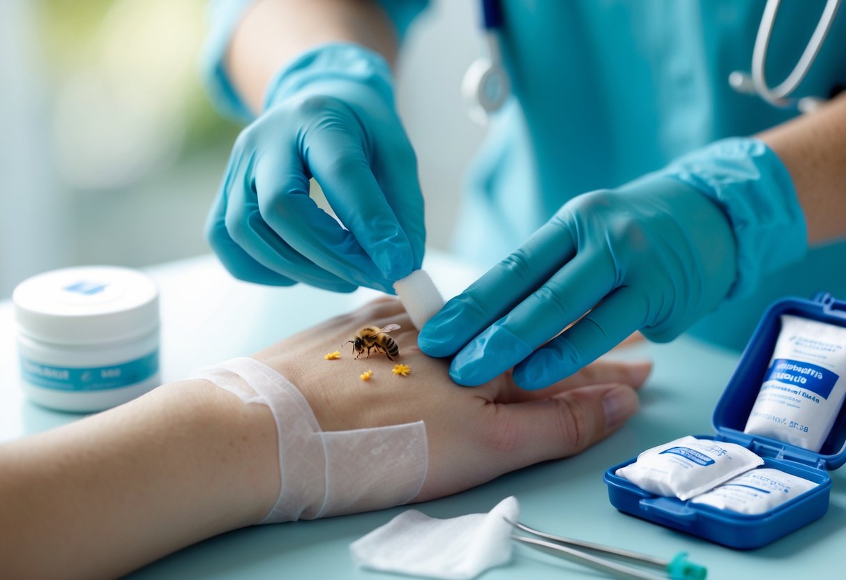 A healthcare professional treating a bee sting on a person's hand using a cotton swab near an open first aid kit.