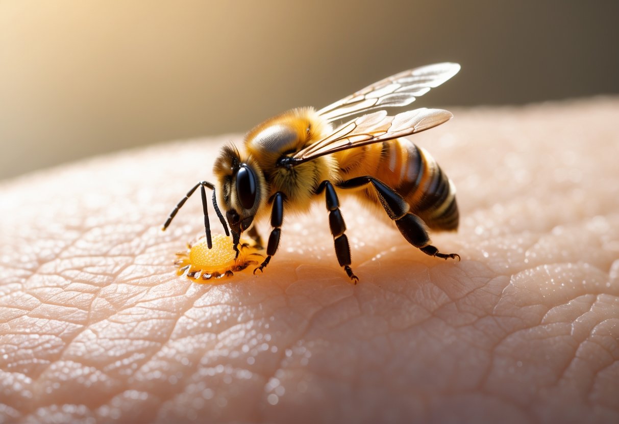 Close-up of a honeybee stinging human skin with its stinger embedded and body slightly detached.