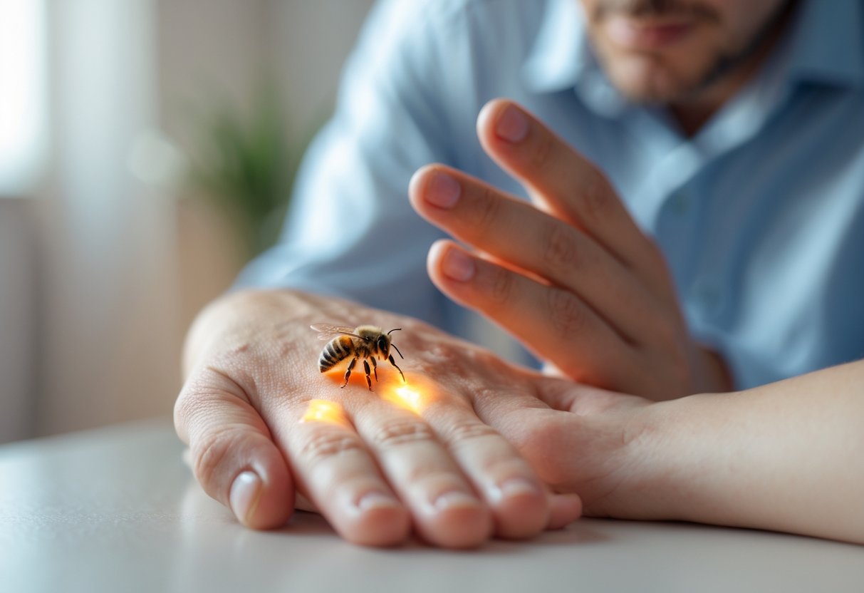 A person’s hand with a visible bee sting being gently examined by an adult.