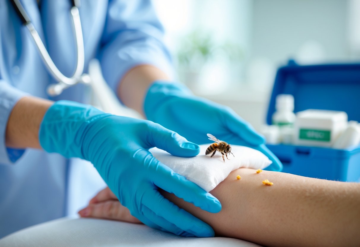 A healthcare professional applying a cold compress to a person's hand with a bee sting.