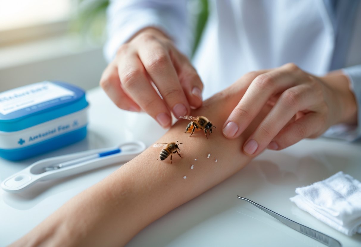A person examining a bee sting on their forearm with a first aid kit nearby.