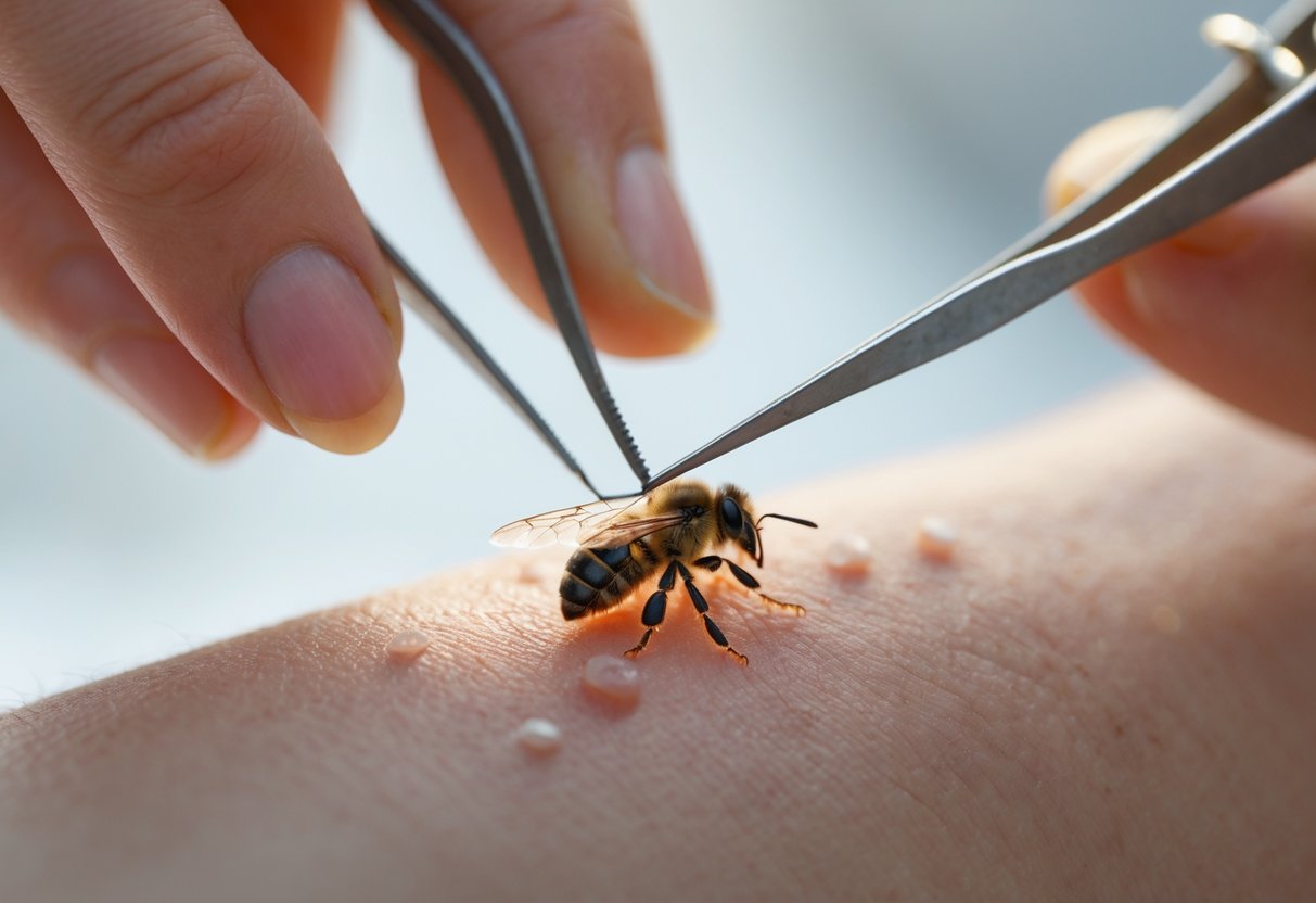 A close-up of a person removing a bee stinger from their hand with tweezers.