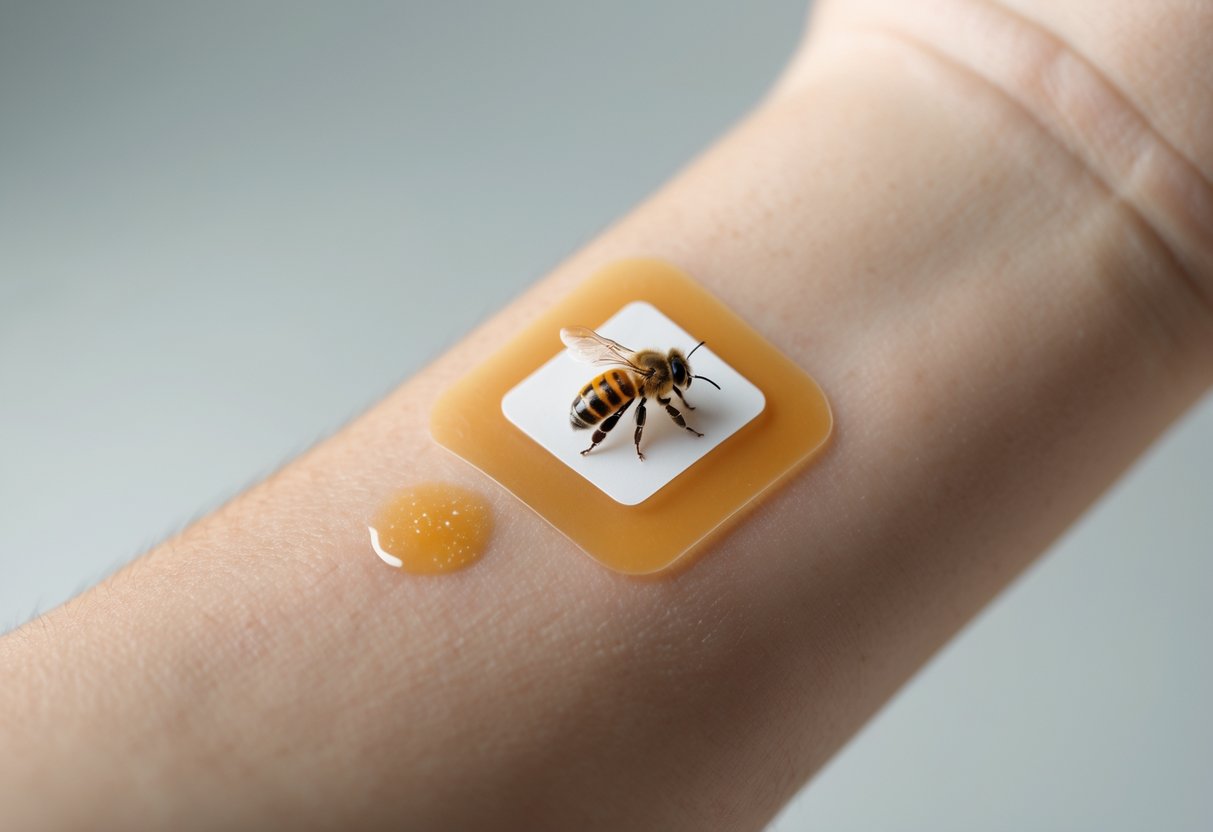 Close-up of a forearm with a small bee venom patch applied, showing slight redness and swelling around the patch.