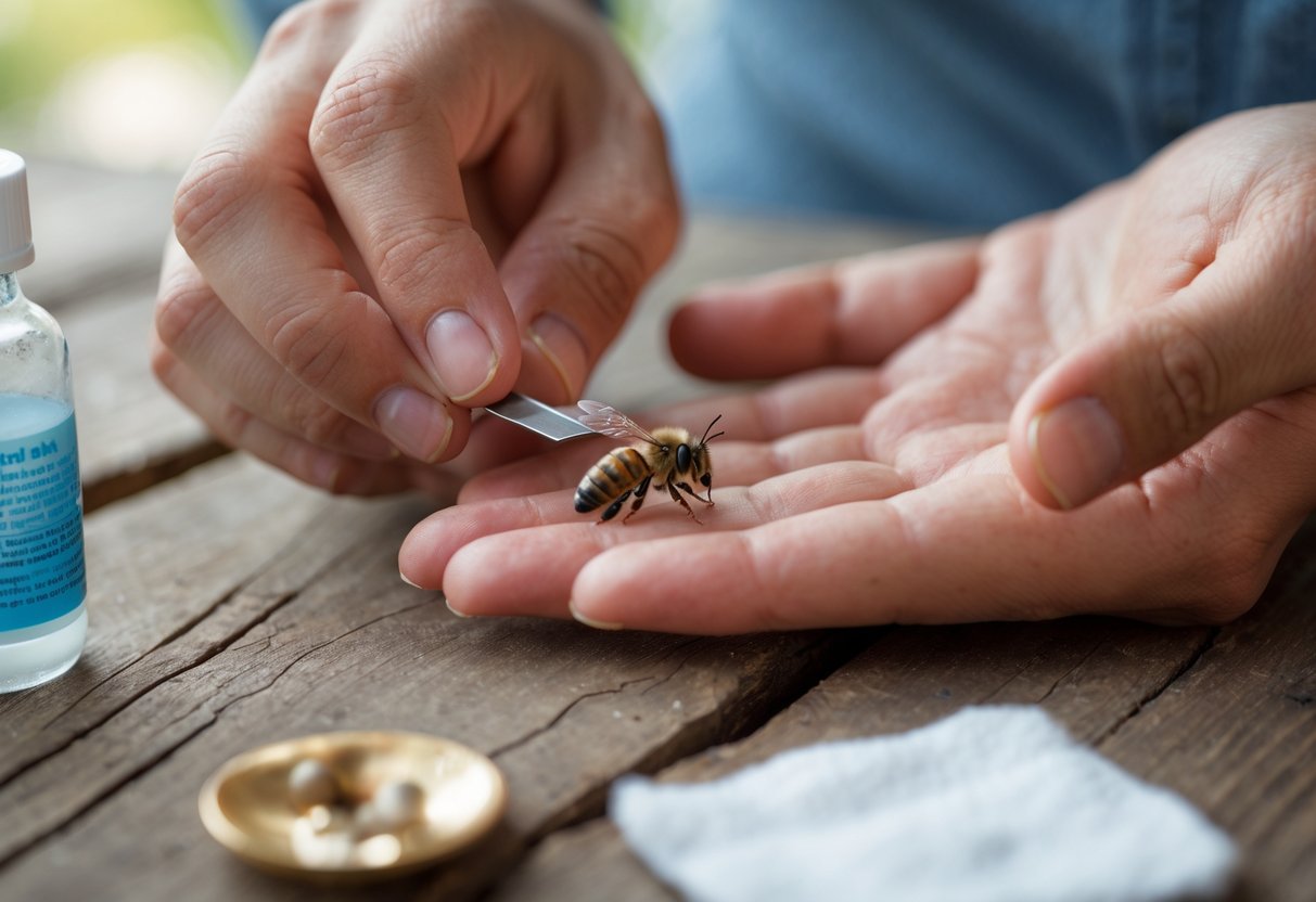 Close-up of a person removing a bee stinger from their skin with a flat object, with antiseptic and cotton pad nearby.