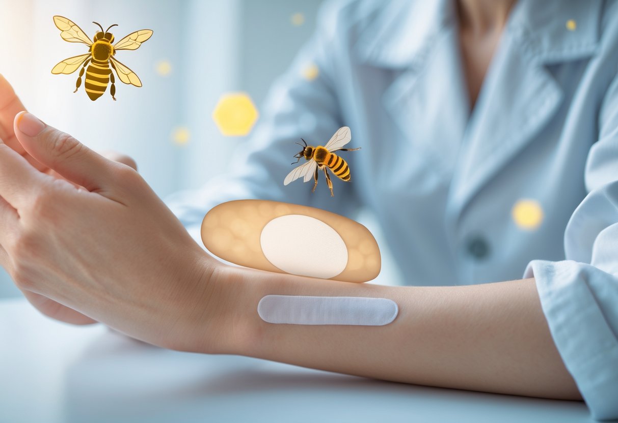 Close-up of a person's forearm with a small transparent patch applied to the skin, surrounded by soft light and subtle bee and honeycomb illustrations.