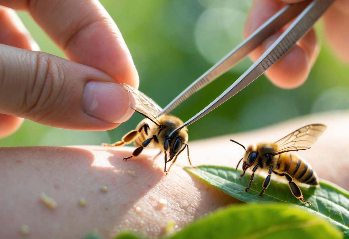 A person carefully removing a bee stinger from their skin with tweezers while the bee rests nearby on a leaf.