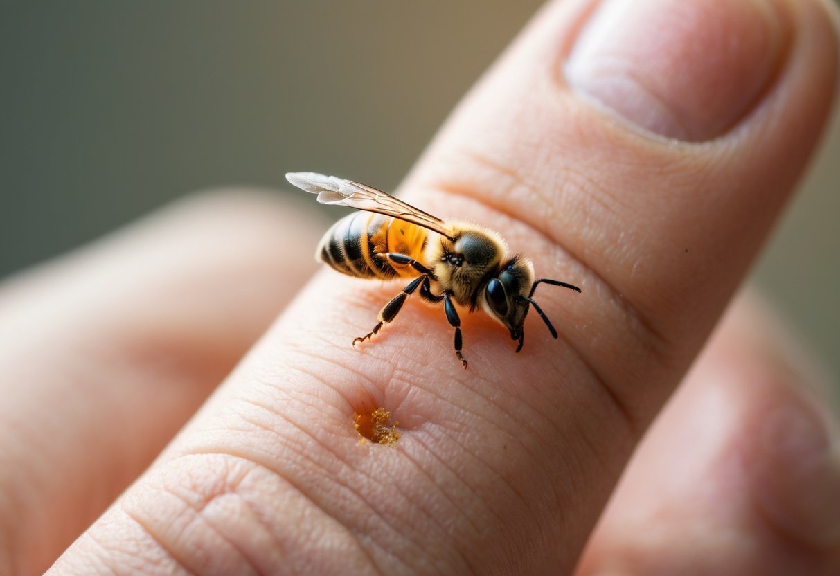 Close-up of a finger with a bee stinger embedded, showing redness and swelling around the sting area.
