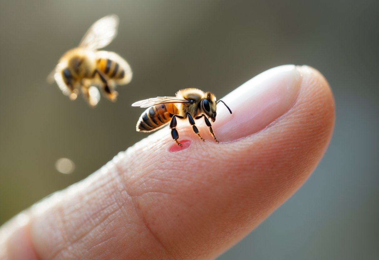 Close-up of a finger with a bee stinger embedded, showing redness and swelling around the sting.