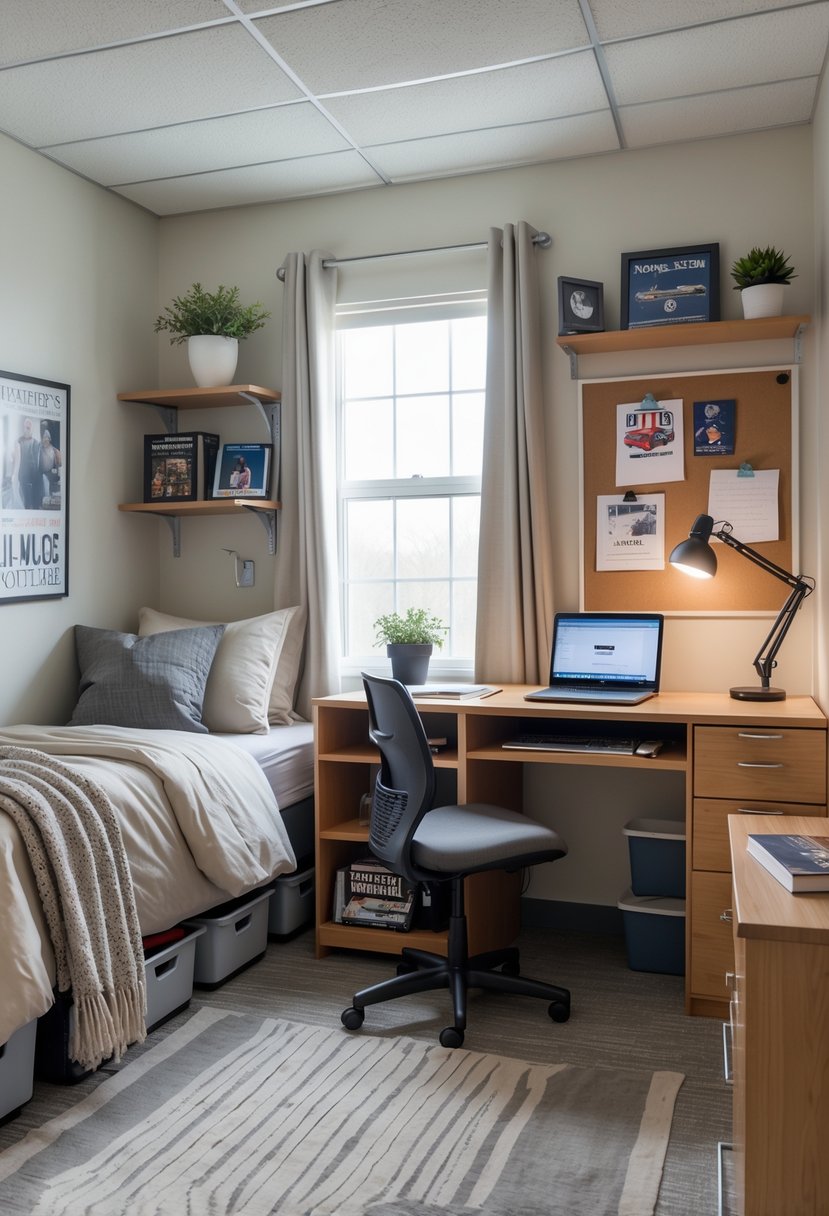 22 Dorm Room Ideas for Boys College: Smart and Stylish Inspiration 2 A clean and organized college dorm room for a male student with a bed, desk, chair, shelves with books and personal items, and a window letting in natural light.