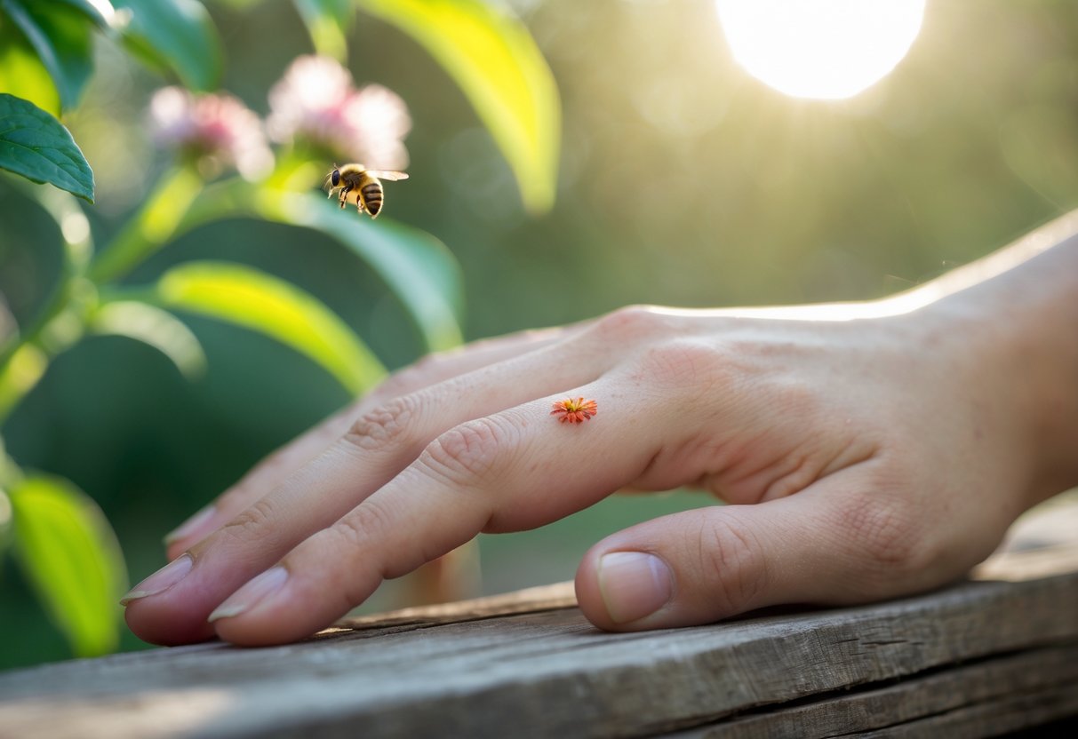 Close-up of a person's hand with a small red bee sting mark on the skin in an outdoor setting.