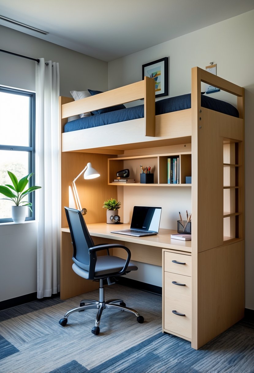 22 Dorm Room Ideas for Boys College: Smart and Stylish Inspiration 3 A college dorm room with a loft bed and a built-in desk underneath, featuring a chair, laptop, books, and a window letting in natural light.
