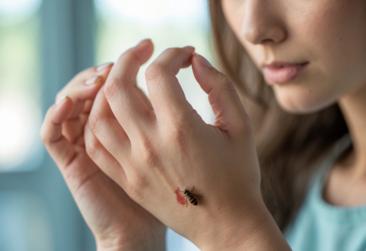 A person gently inspecting a small red bee sting mark on their forearm.