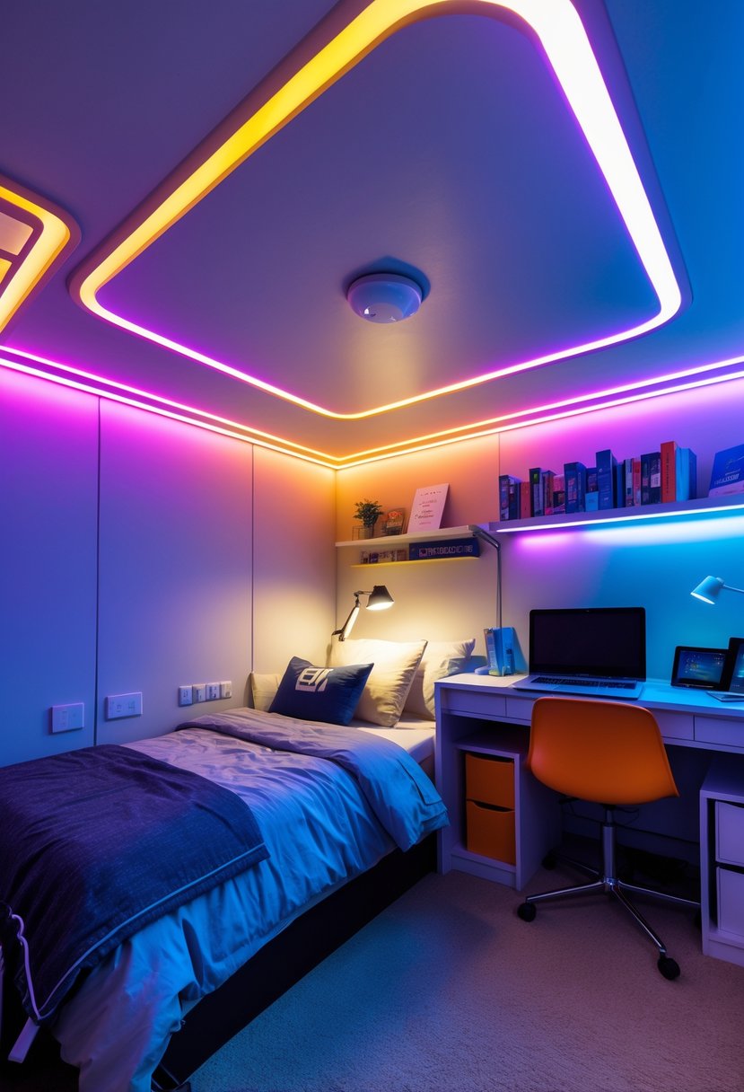 22 Dorm Room Ideas for Boys College: Smart and Stylish Inspiration 4 A college dorm room for a male student with LED strip lighting creating a colorful ambiance, a bed, desk with laptop, and shelves with books.