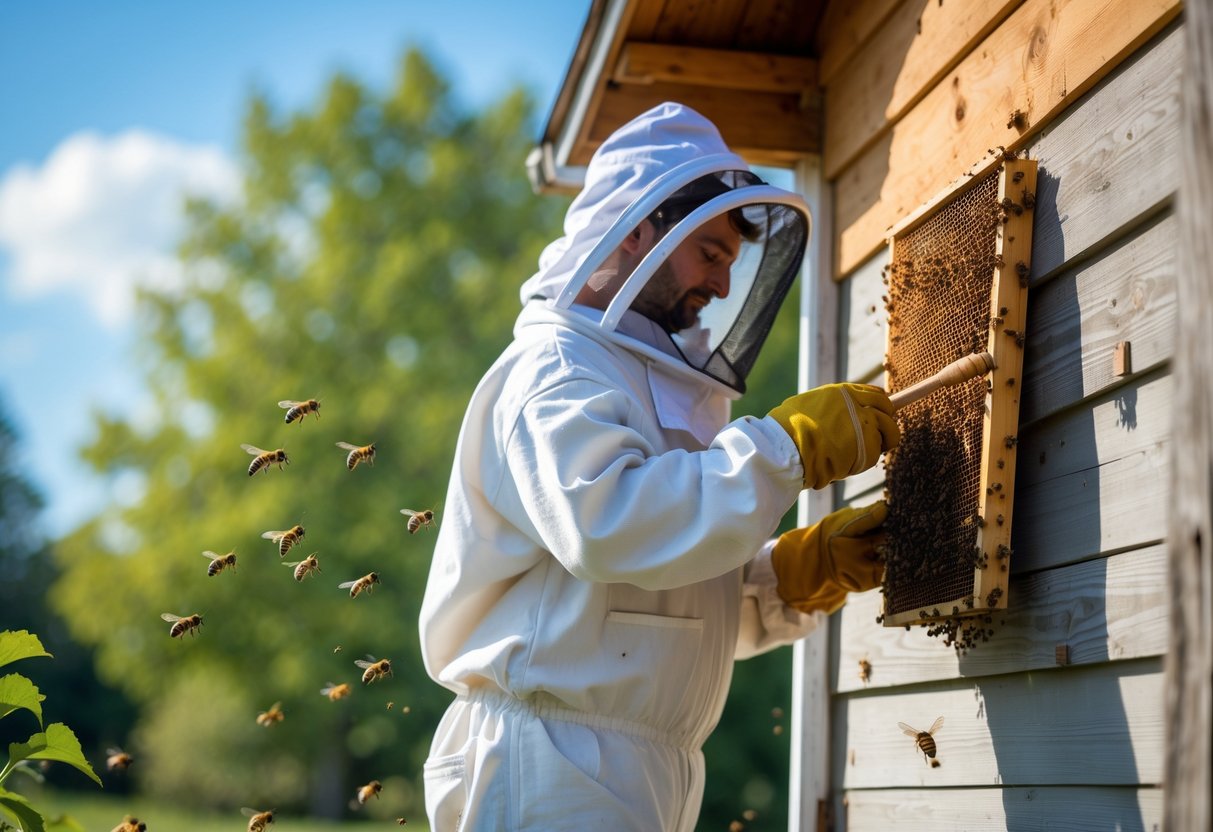 A person in protective gear removing a beehive from a wooden house using a smoker tool outdoors.