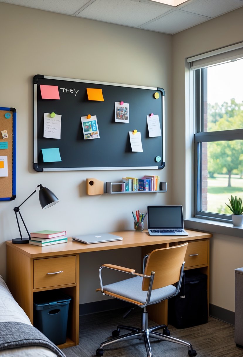 22 Dorm Room Ideas for Boys College: Smart and Stylish Inspiration 5 A college dorm room for a male student with a magnetic dry erase board above a study desk, surrounded by books, a laptop, and personal items.
