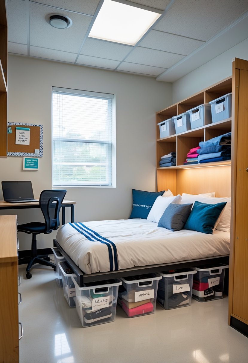 22 Dorm Room Ideas for Boys College: Smart and Stylish Inspiration 6 A college dorm room with a bed and clear storage bins neatly placed underneath, along with a desk, chair, and shelves.