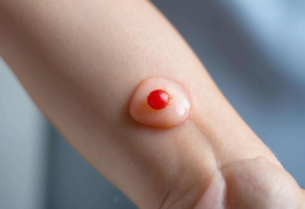 Close-up of a forearm with a small red swollen bump showing a mild allergic reaction to a bee sting.