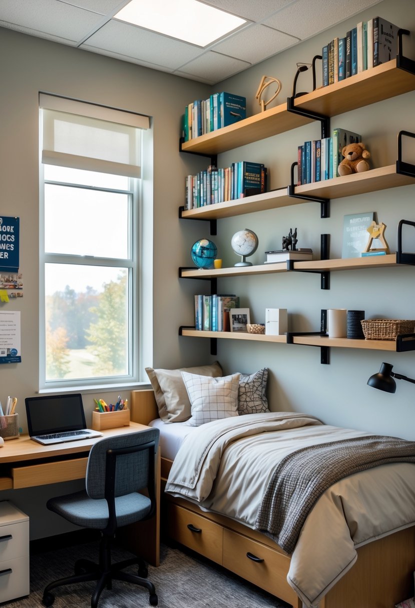 22 Dorm Room Ideas for Boys College: Smart and Stylish Inspiration 7 A college dorm room for boys with wall-mounted shelves holding books and decorations, a bed, and a study desk.