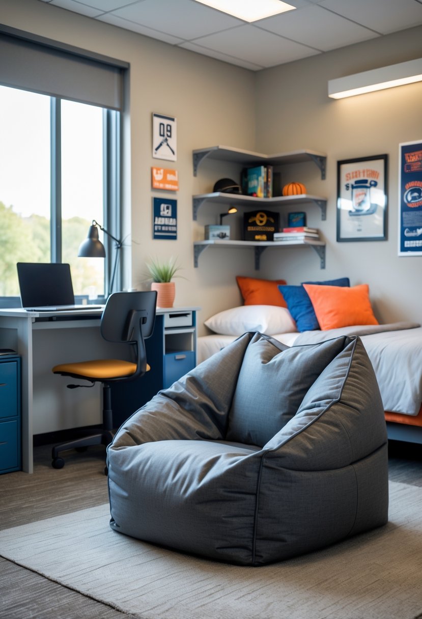 22 Dorm Room Ideas for Boys College: Smart and Stylish Inspiration 8 A compact bean bag chair in a neat college dorm room with a bed, desk, and shelves.