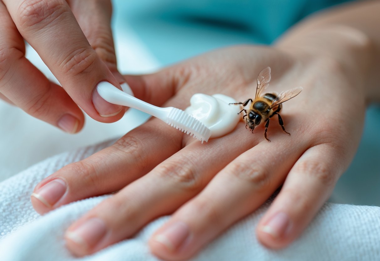 A person applying toothpaste to a swollen red bee sting on their hand.