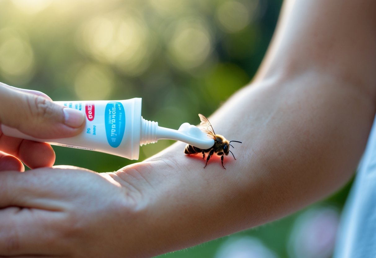 A person applying toothpaste to a red, swollen bee sting on their forearm.
