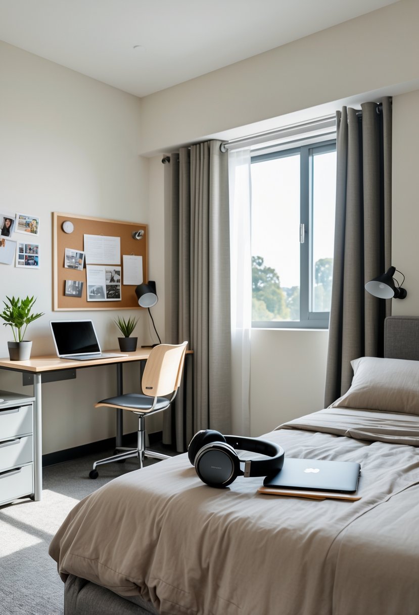 22 Dorm Room Ideas for Boys College: Smart and Stylish Inspiration 9 A college dorm room with a bed, desk, laptop, noise-cancelling headphones, and a small plant by a window.