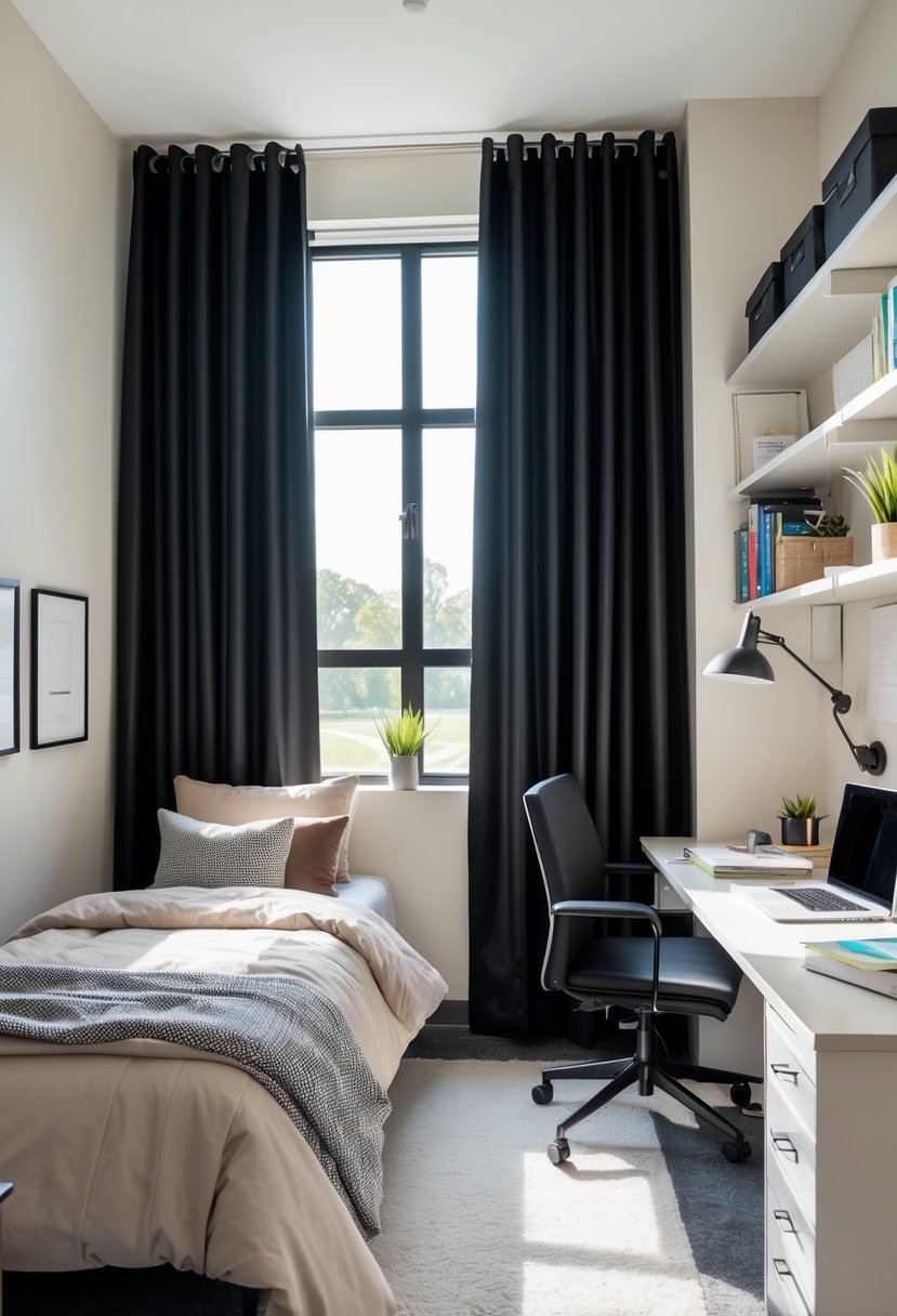 22 Dorm Room Ideas for Boys College: Smart and Stylish Inspiration 10 A college dorm room with black blackout curtains, a bed, desk with laptop, and shelves with books and personal items.