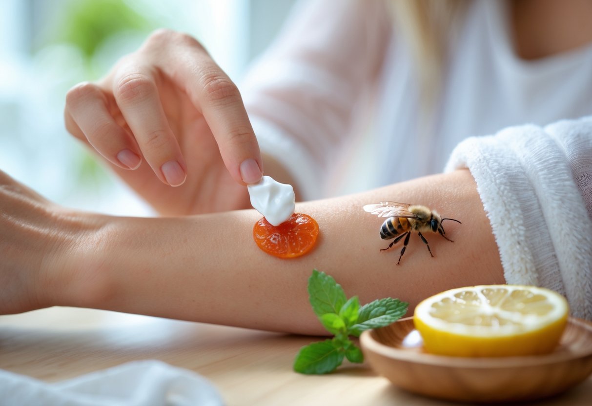 A person applying toothpaste to a swollen bee sting on their forearm in a bright home setting with natural remedy ingredients on a nearby table.