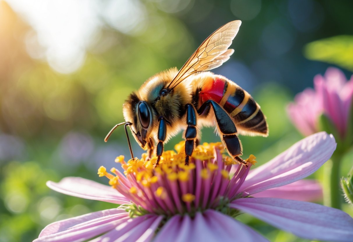 A close-up of a bee with a red abdomen sitting on a flower in a garden.