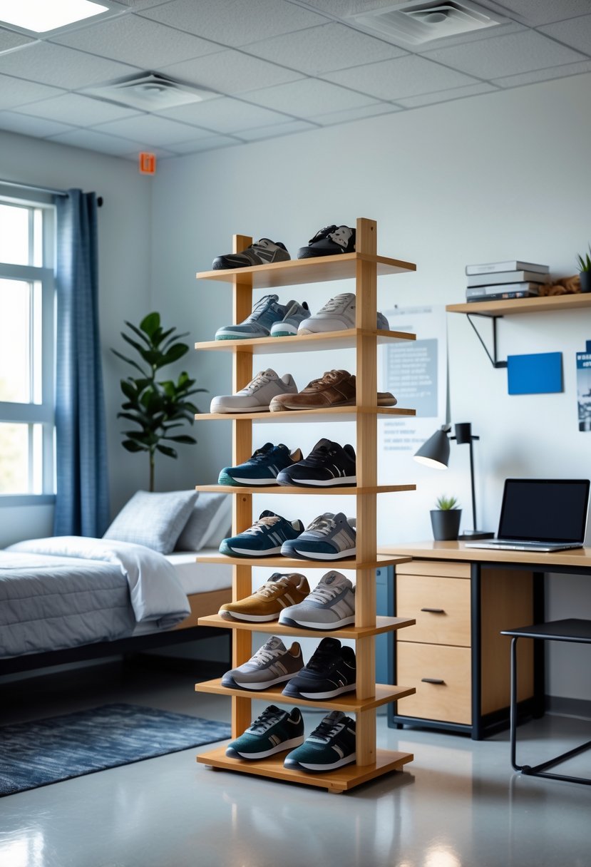 22 Dorm Room Ideas for Boys College: Smart and Stylish Inspiration 11 A multi-tier wooden shoe rack filled with various shoes in a tidy college dorm room with a bed, desk, and window.