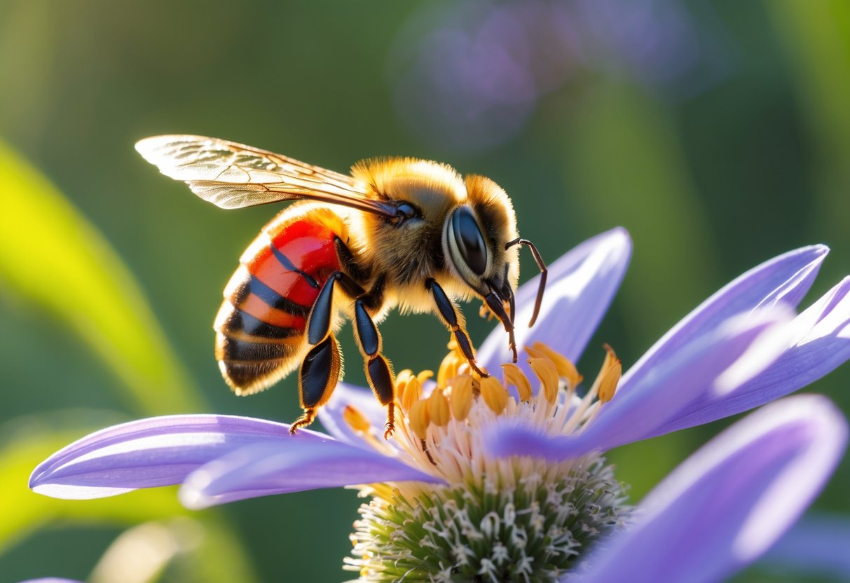 A close-up of a bee with a red abdomen sitting on a colorful flower outdoors.