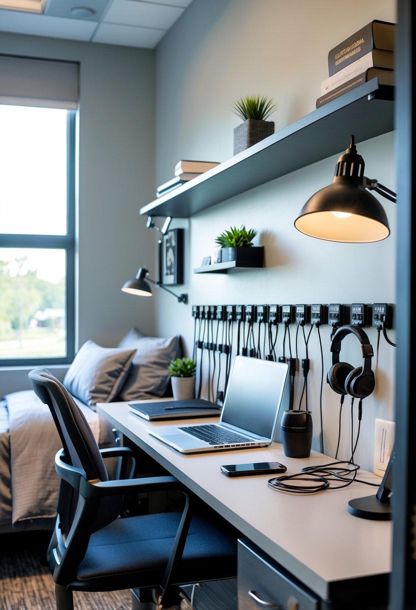 22 Dorm Room Ideas for Boys College: Smart and Stylish Inspiration 12 A tidy college dorm room for boys with cables neatly organized using cable management clips along a desk and wall, featuring a laptop, books, and a bed in the background.
