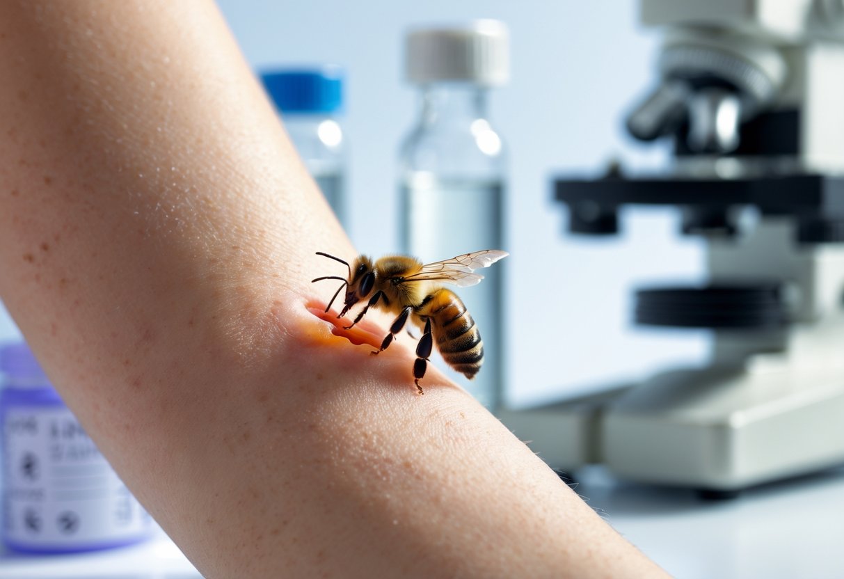 Close-up of a bee stinging a human arm with slight redness around the sting, in a medical research setting.