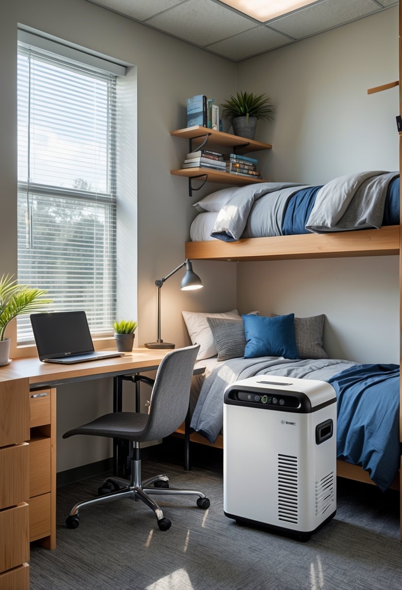 22 Dorm Room Ideas for Boys College: Smart and Stylish Inspiration 13 A college dorm room with a portable mini fridge on a desk, a bed, books, and a potted plant.