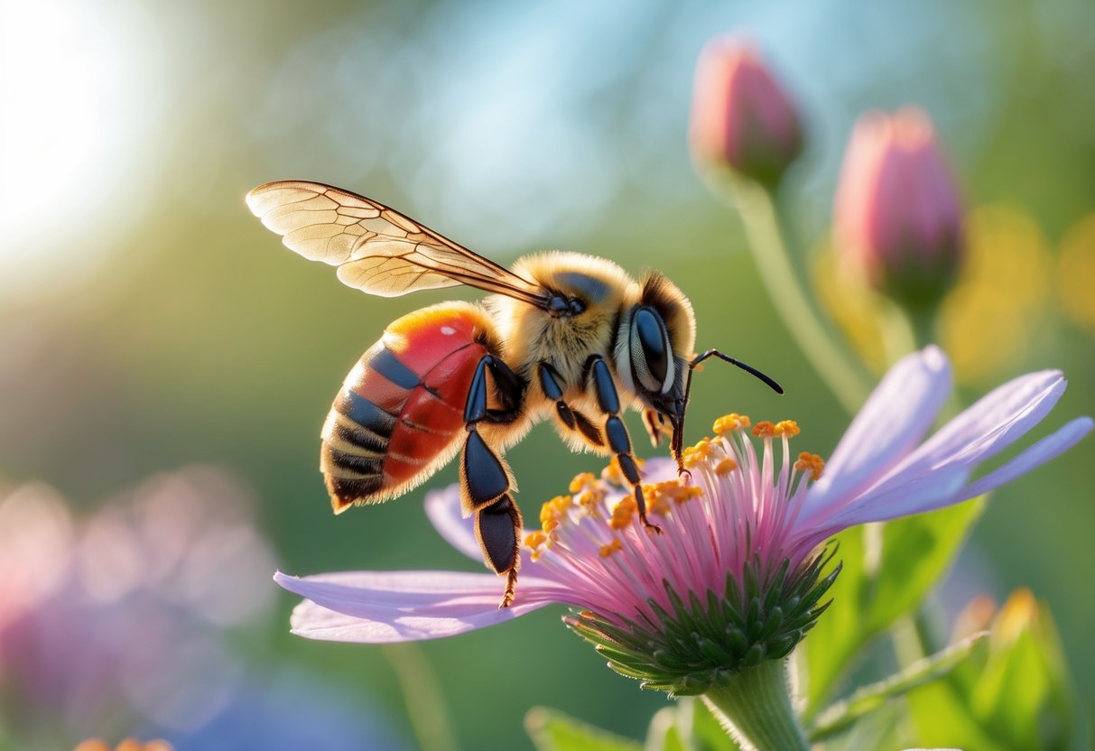 A close-up of a bee with a red abdomen sitting on a flower surrounded by green plants.
