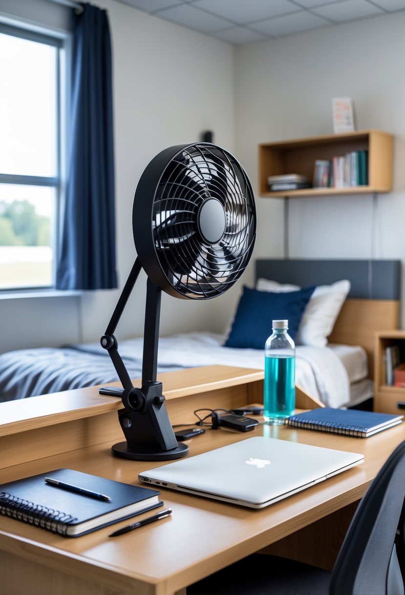 22 Dorm Room Ideas for Boys College: Smart and Stylish Inspiration 14 A college dorm room with a desk featuring a clip-on desk fan, study materials, a bed, and a bookshelf.
