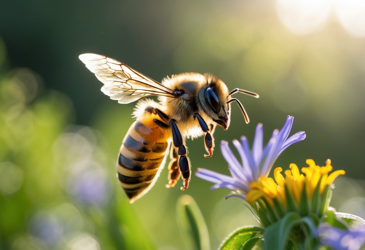 A close-up of a honeybee flying near a flower with its stinger visible but not embedded.
