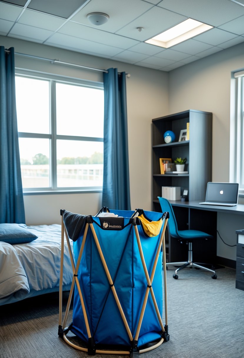 22 Dorm Room Ideas for Boys College: Smart and Stylish Inspiration 15 A college dorm room for a boy with a foldable laundry hamper filled with clothes, a bed, desk, bookshelf, and natural light from a window.