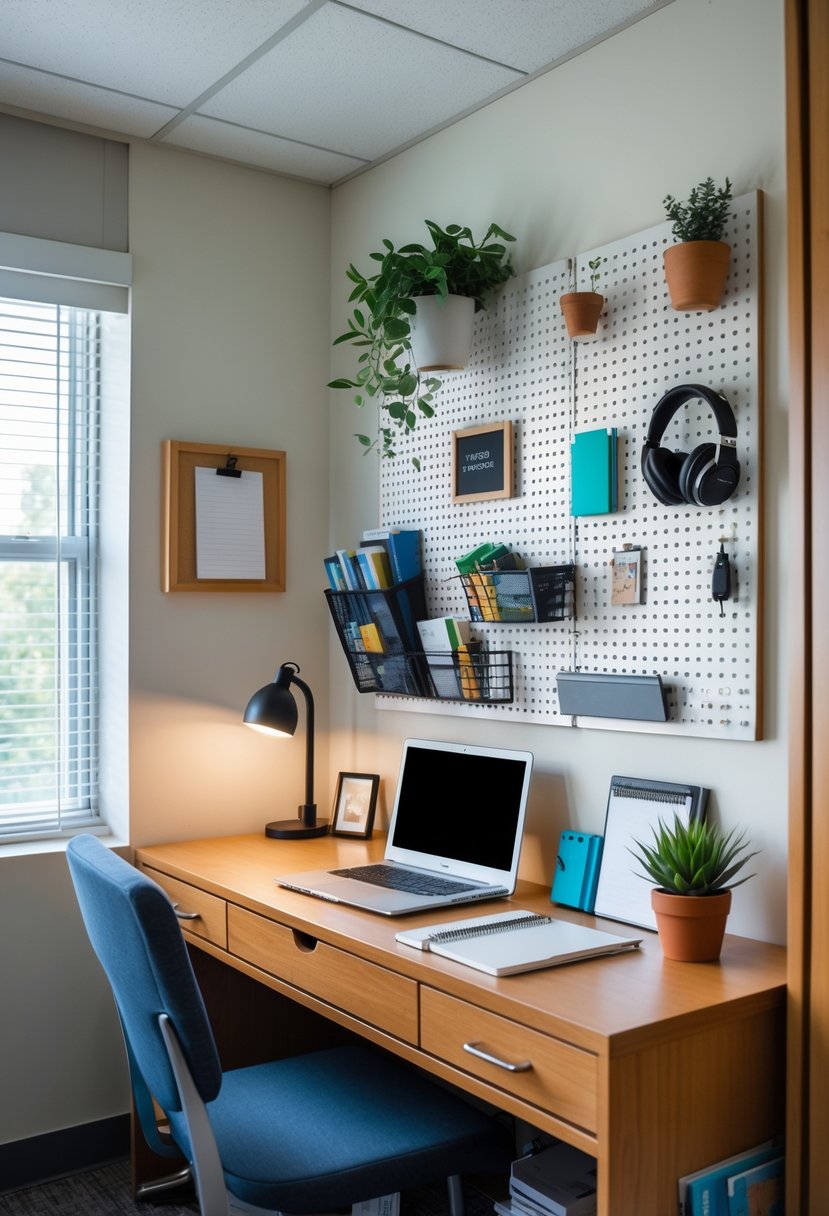 22 Dorm Room Ideas for Boys College: Smart and Stylish Inspiration 16 Dorm room with a pegboard organizer above a desk holding school supplies and personal items, with a laptop and lamp on the desk.